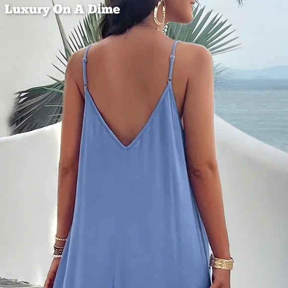 Oversized Pocket Casual Sleeveless V-Neck Low Back Long Summer Maxi Dress Blue - Picture 5 of 16